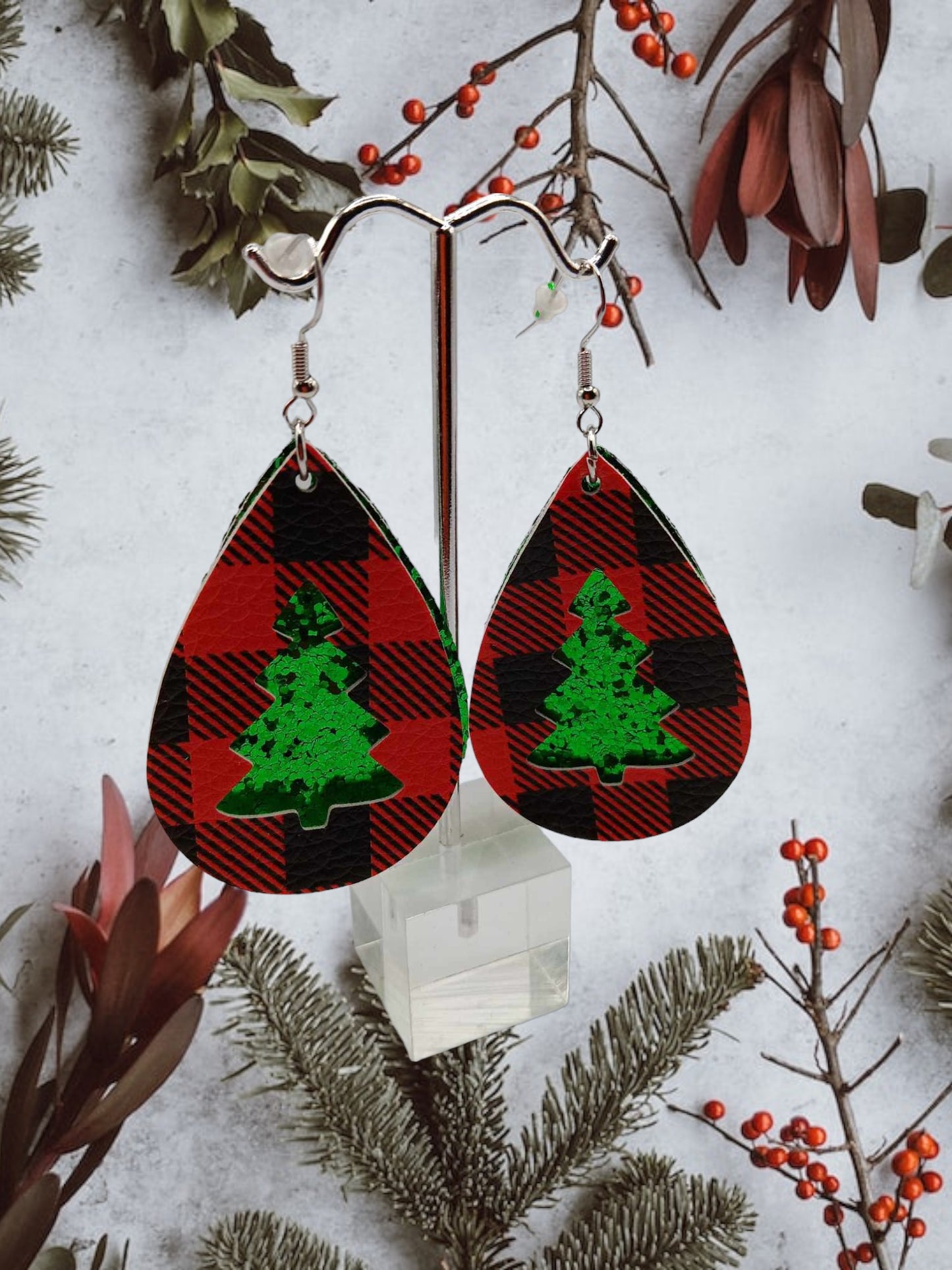 Plaid N Glitter Tree Earrings