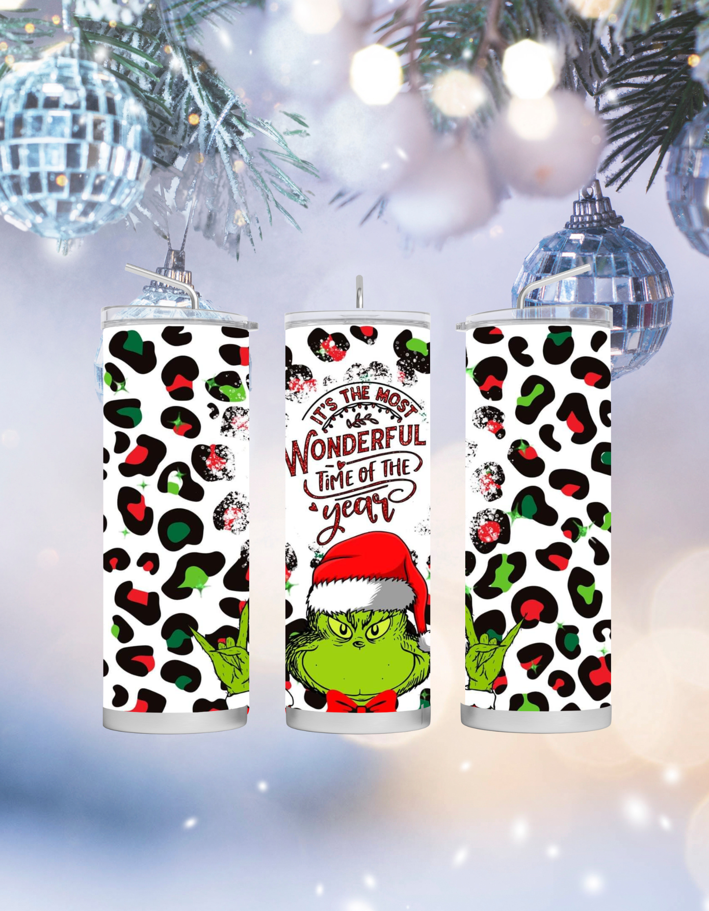 Red and Green Cheetah Print Grinch Tumbler