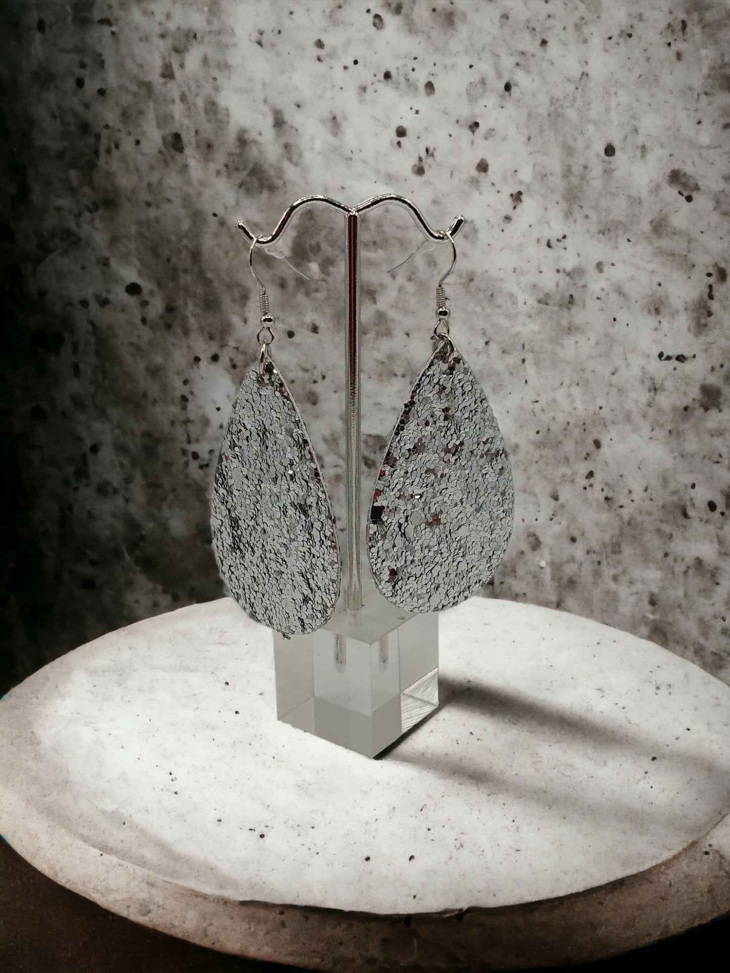Silver Glitter Tear drop Earrings