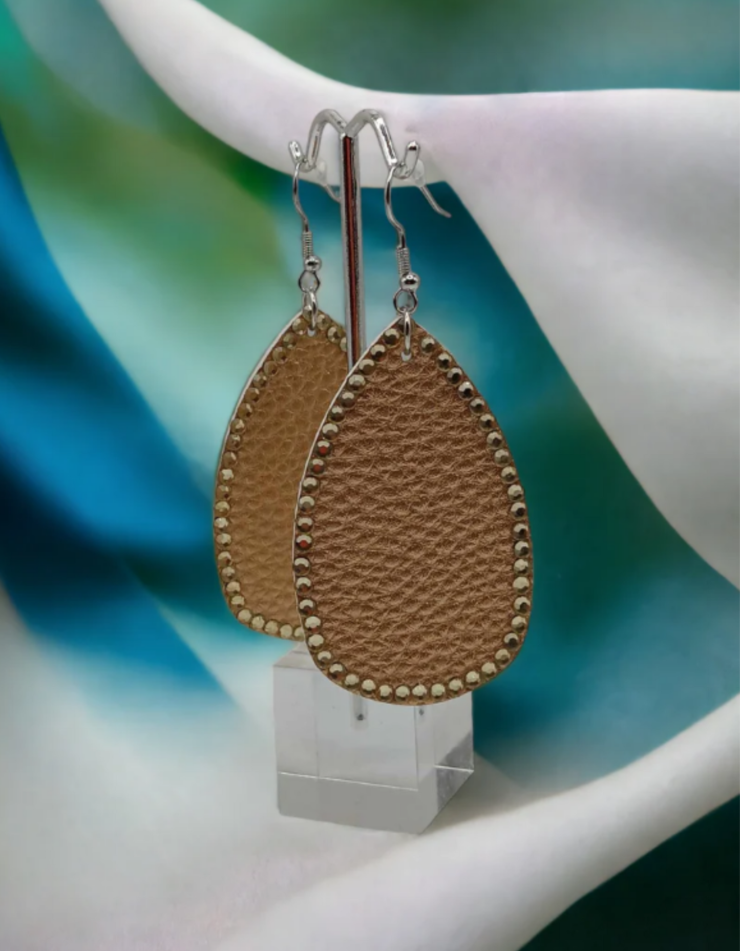 Gold Faux Leather & Rhinestones Earrings