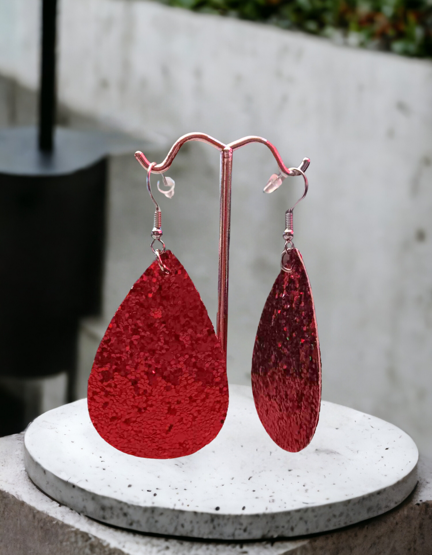 Red Glitter Tear Drop Earrings