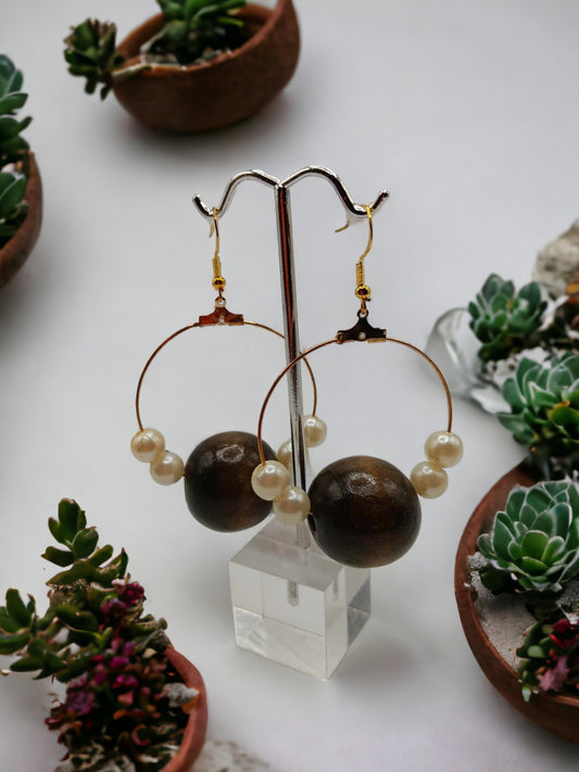 Large Wooden Bead & Pearls Earrings