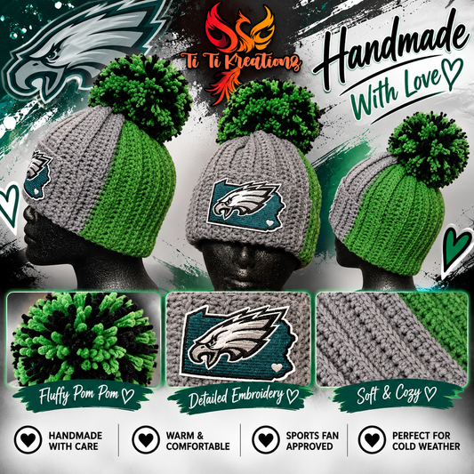 Eagles-Inspired Handmade Crochet Pom-Pom Hat
