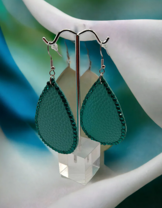 Turquoise Faux Leather & Rhinestones Earrings