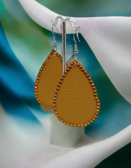 Yellow Gold Faux Leather & Rhinestone Earrings